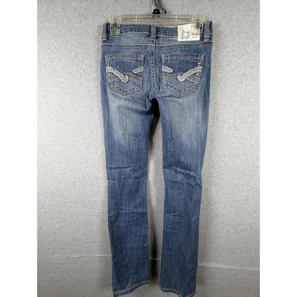 Baker Street Jeans‎ Juniors 1 Blue Bootcut Stretch Rhinestone Studded Distressed